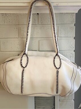 Carlos Falchi Cream Pebble Leather Shoulder Bag with Brown Lining